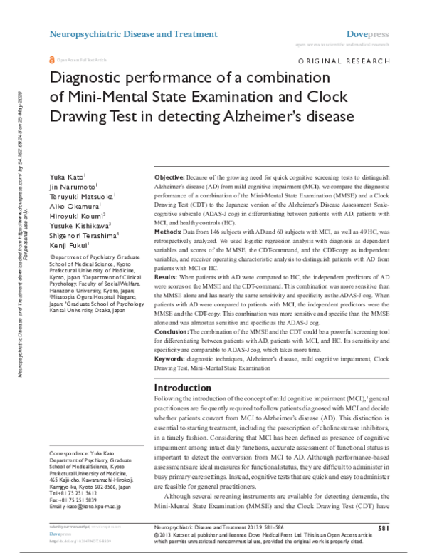 (PDF) Diagnostic performance of a combination of MiniMental State