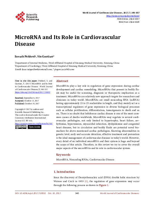 (PDF) MicroRNA and Its Role in Cardiovascular Disease