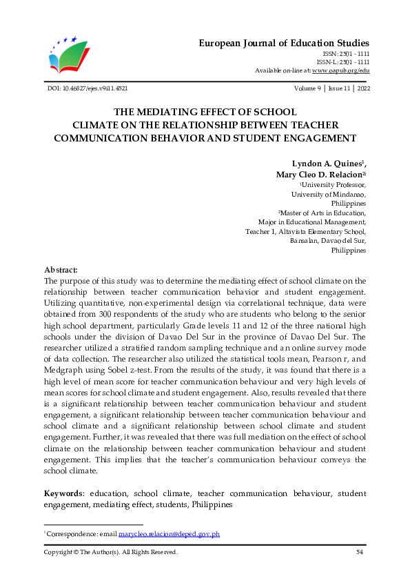 (PDF) The Mediating Effect of School Climate on the Relationship ...