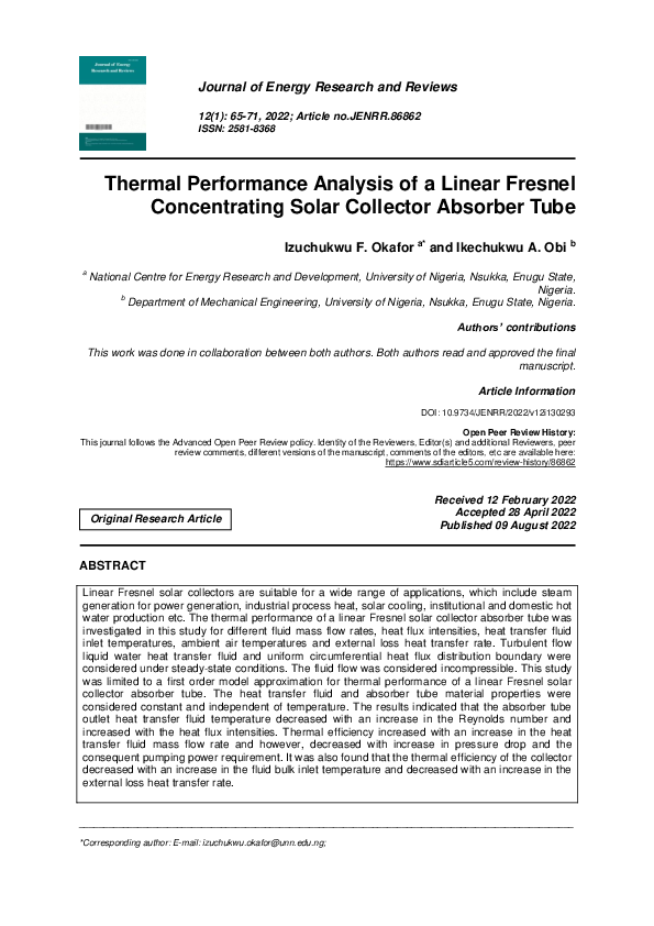 (PDF) Thermal Performance Analysis of a Linear Fresnel Concentrating ...