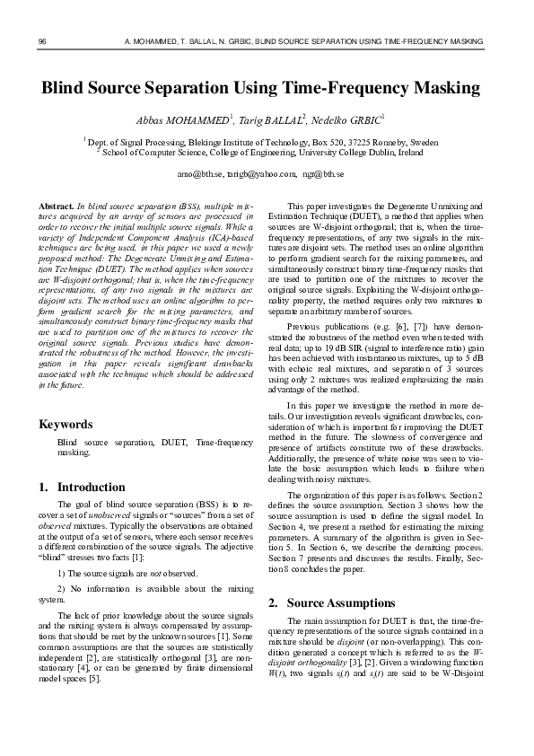 (PDF) Blind Source Separation Using Time-Frequency Masking