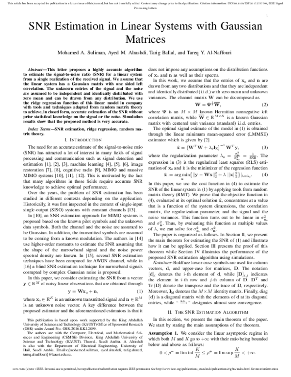 (PDF) SNR Estimation in Linear Systems With Gaussian Matrices