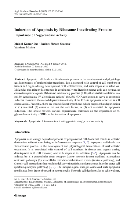 (PDF) Induction of Apoptosis by Ribosome Inactivating Proteins