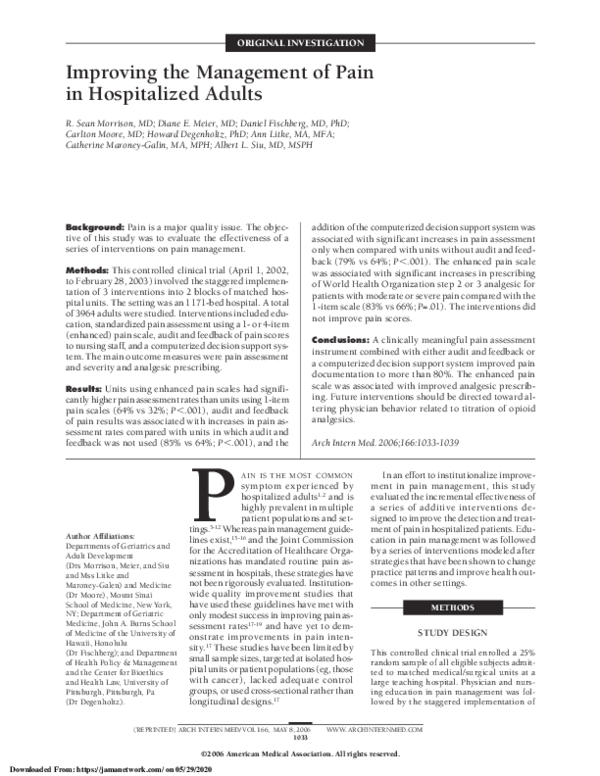 (PDF) Improving the Management of Pain in Hospitalized Adults