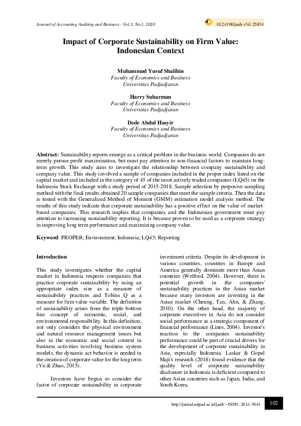 (PDF) Impact of Corporate Sustainability on Firm Value: Indonesian Context