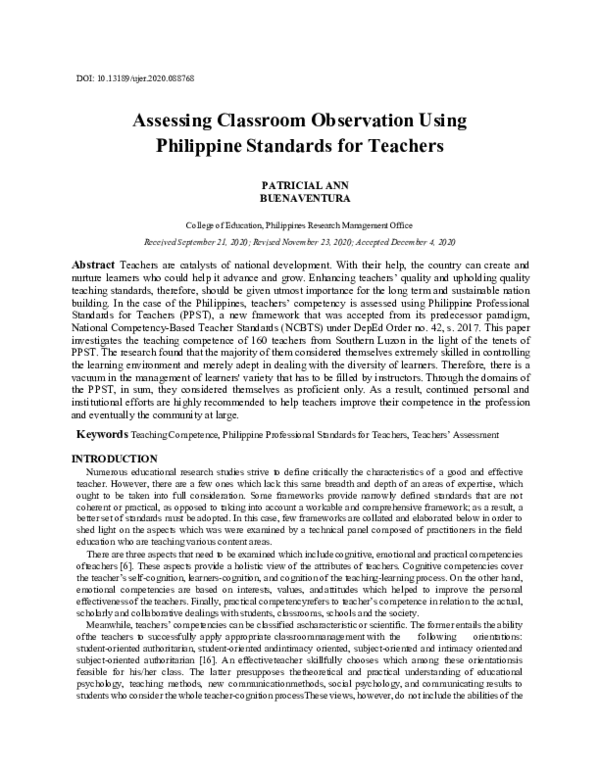 Pdf Assessing Classroom Observation Using Philippine Standards For