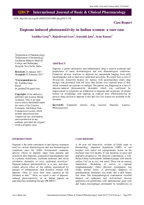(PDF) Dapsone induced photosensitivity in Indian women: a rare case