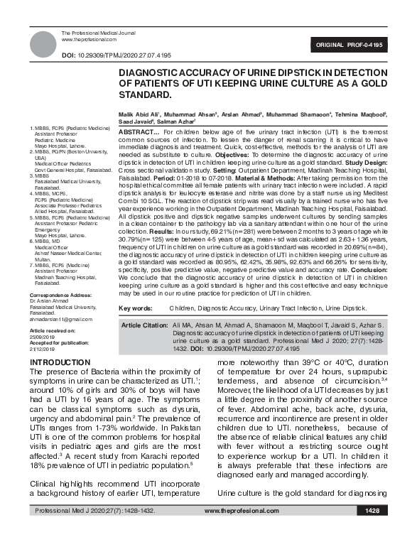 (PDF) Diagnostic accuracy of urine dipstick in detection of patients of