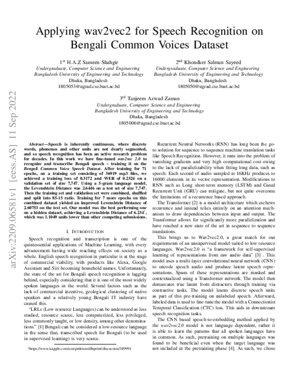 (PDF) Applying wav2vec2 for Speech Recognition on Bengali Common Voices ...