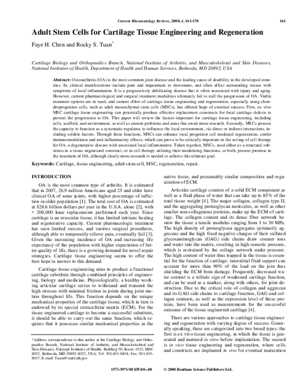 (PDF) Adult Stem Cells for Cartilage Tissue Engineering and Regeneration