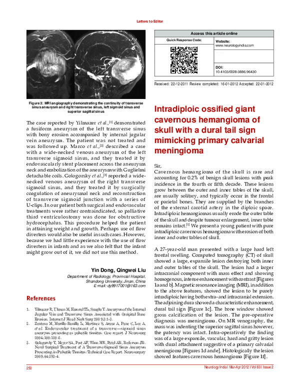(PDF) Intradiploic ossified giant cavernous hemangioma of skull with a ...