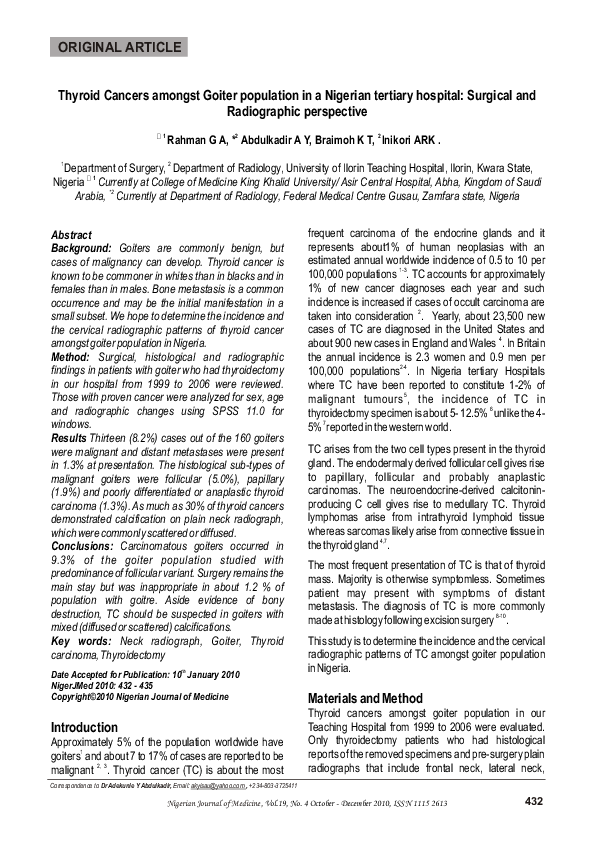 (PDF) Thyroid cancers amongst goiter population in a Nigerian tertiary ...