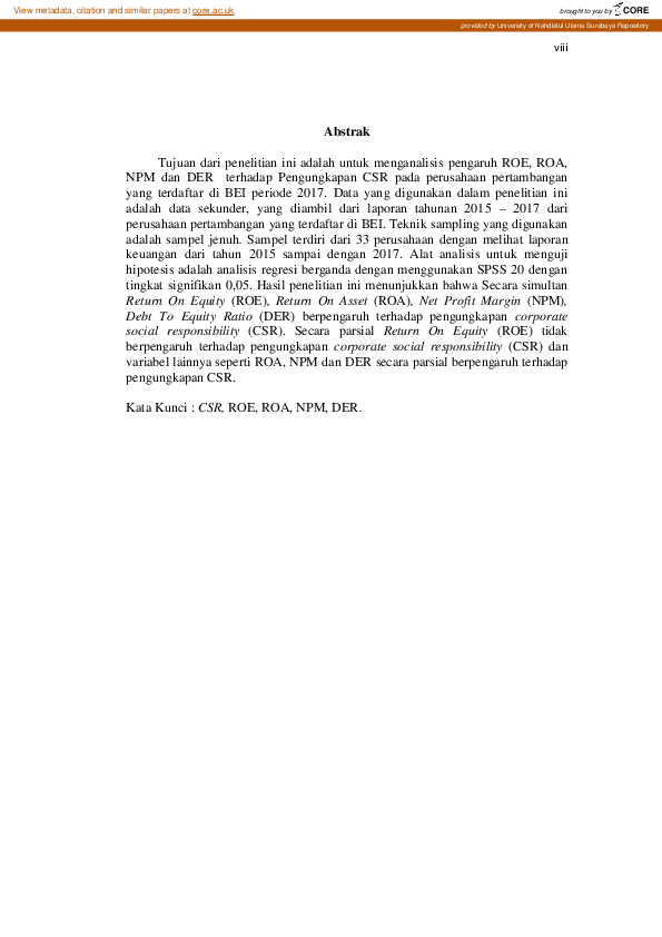 (PDF) Analisis Roe, Roa, NPM Dan Der Terhadap Pengungkapan CSR Pada ...