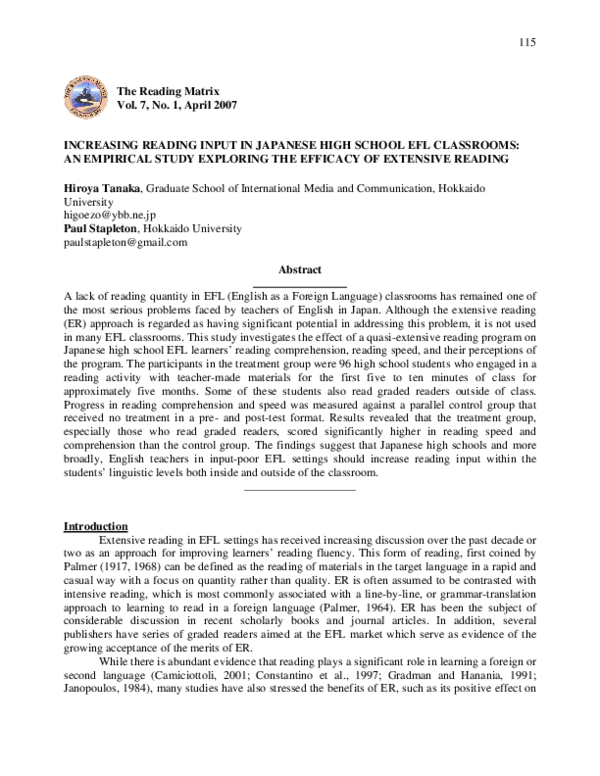 (PDF) Increasing reading input in Japanese high school EFL classrooms ...