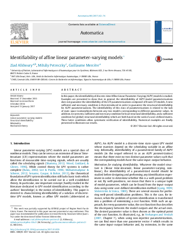 (PDF) Identifiability of affine linear parameter-varying models | Ziad ...