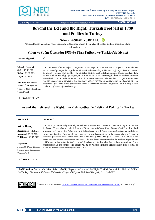 (PDF) Beyond the Left and the Right: Turkish Football in 1980 and ...
