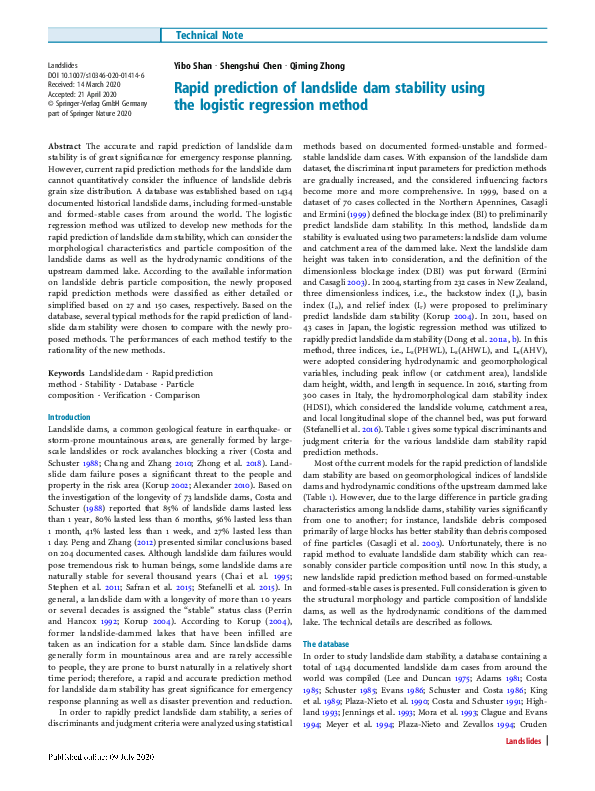 (PDF) Rapid prediction of landslide dam stability using the logistic ...