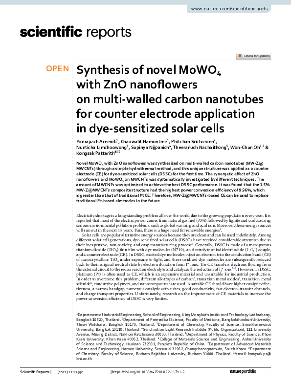 (PDF) Synthesis of novel MoWO4 with ZnO nanoflowers on multi-walled ...