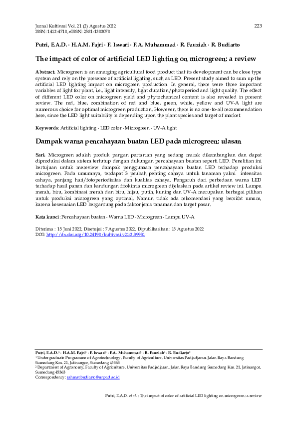 (PDF) The impact of color of artificial LED lighting on microgreen: a ...