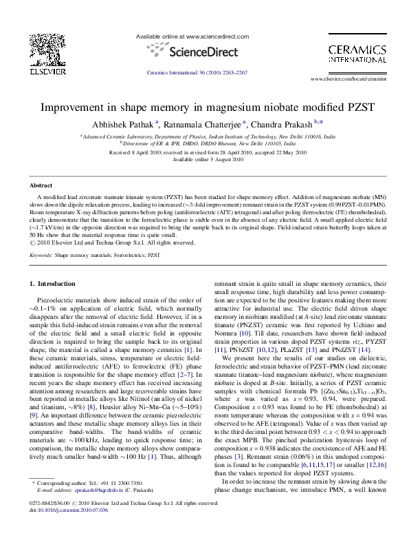 Improvement in shape memory in magnesium niobate modified PZST