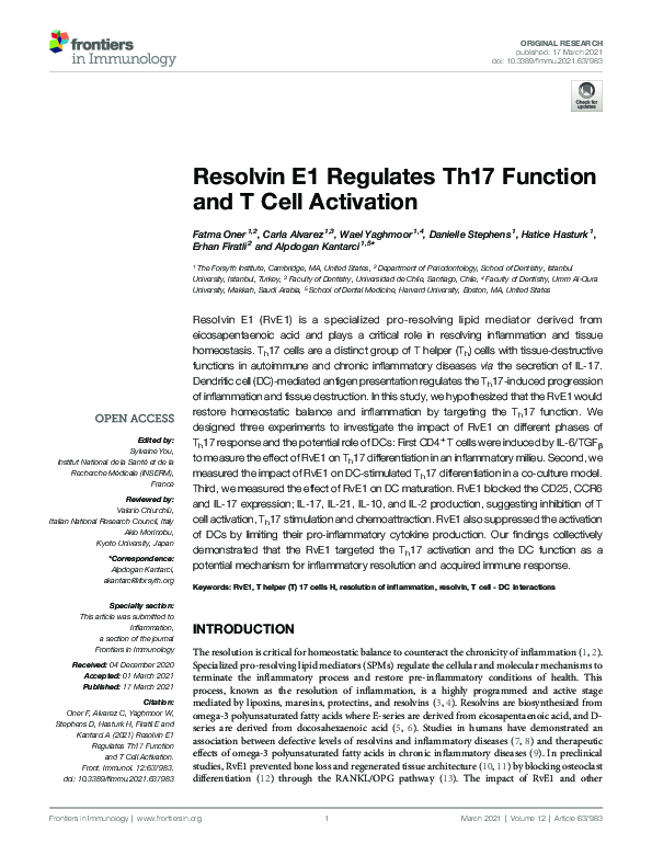 (PDF) Resolvin E1 Regulates Th17 Function and T Cell Activation