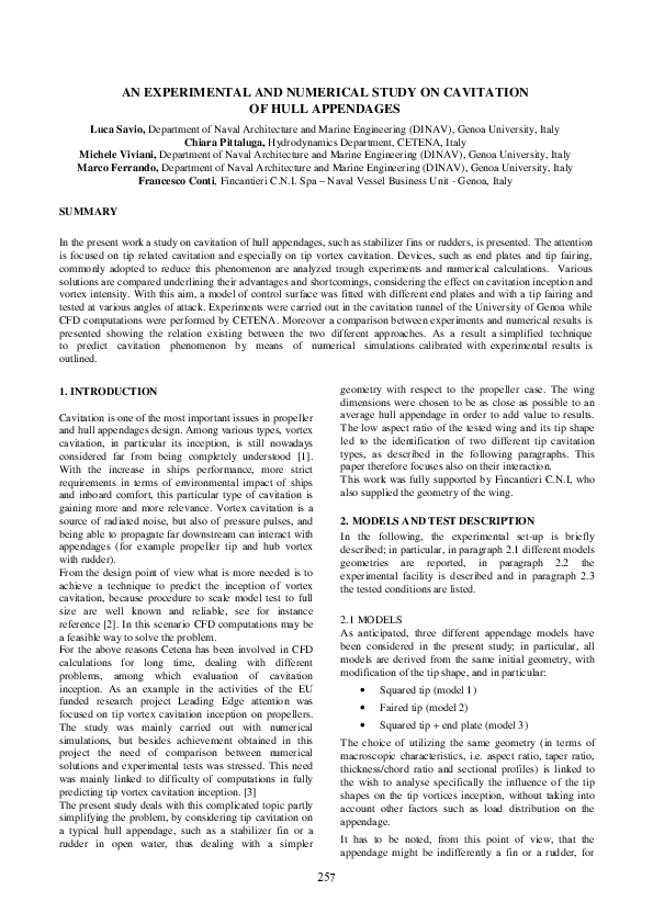 (PDF) An Experimental and Numerical Study on Cavitation of Hull Appendages‟