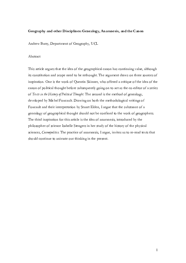 (PDF) Geography and other disciplines: genealogy, anamnesis and the canon