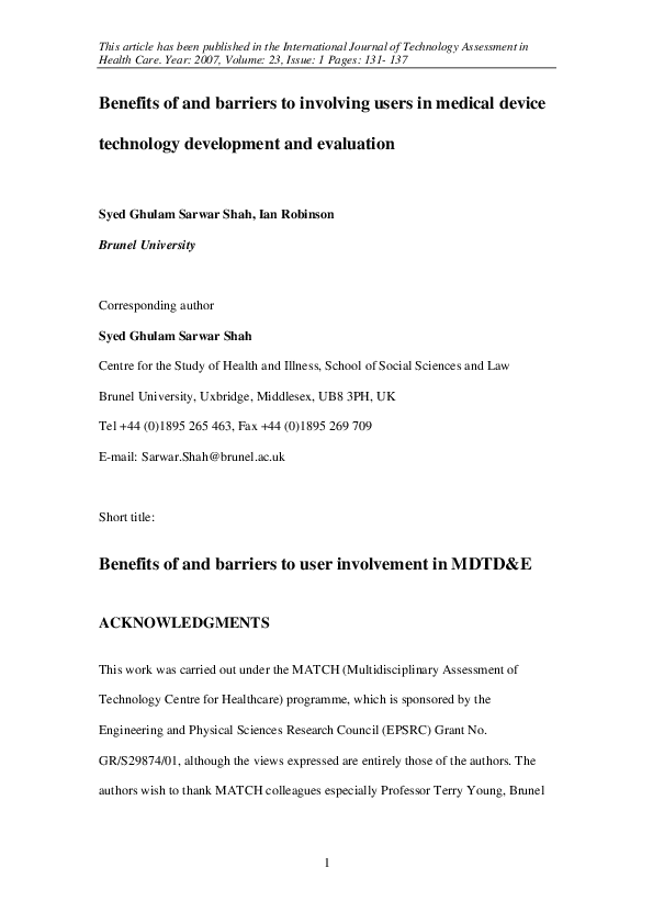 (PDF) Benefits of and barriers to involving users in medical device