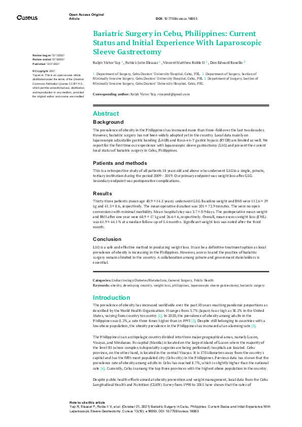 (PDF) Bariatric Surgery in Cebu, Philippines: Current Status and ...