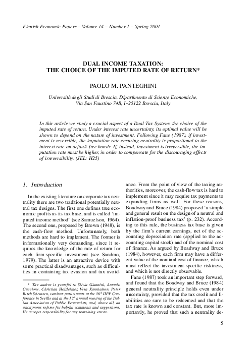 (PDF) Dual Income Taxation: The Choice of the Imputed Rate of Return