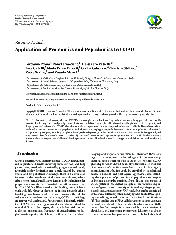 (PDF) Application of Proteomics and Peptidomics to COPD