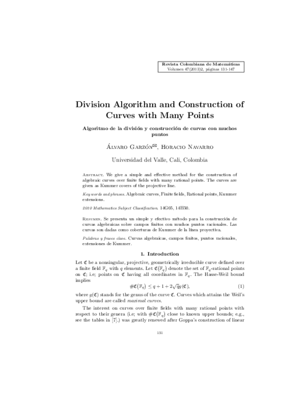 (PDF) Division Algorithm and Construction of Curves with Many Points