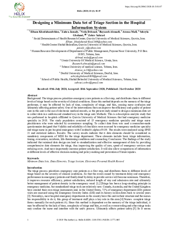 (PDF) Designing a Minimum Data Set of Triage Section in the Hospital ...
