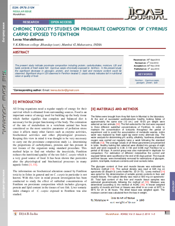 (PDF) Chronic Toxicity Studies on Proximate Composition of Cyprinus