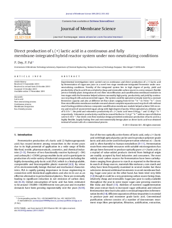 (PDF) Direct production of l (+) lactic acid in a continuous and fully ...