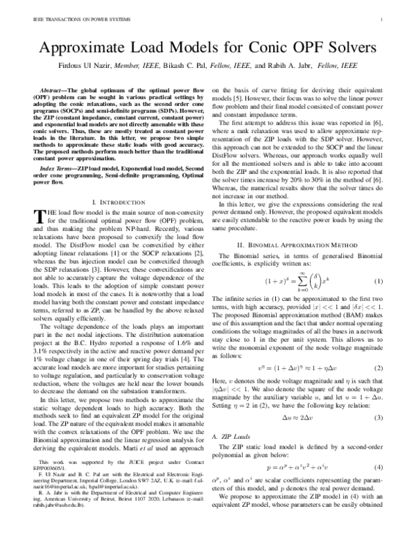 (PDF) Approximate Load Models for Conic OPF Solvers