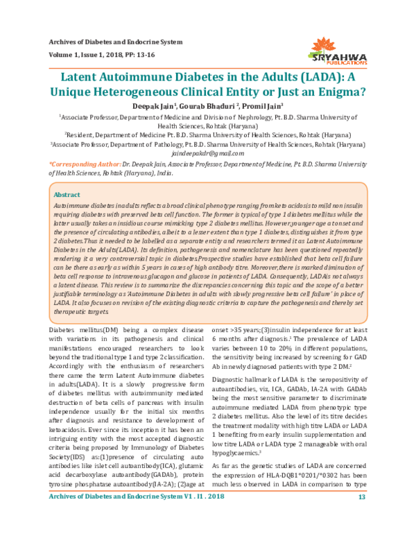 (PDF) Latent Autoimmune Diabetes in the Adults (LADA): A Unique ...