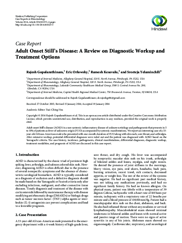 (PDF) Adult Onset Still’s Disease A Review on Diagnostic Workup and