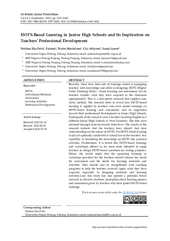 (PDF) HOTS-Based Learning in Junior High Schools and Its Implication on ...