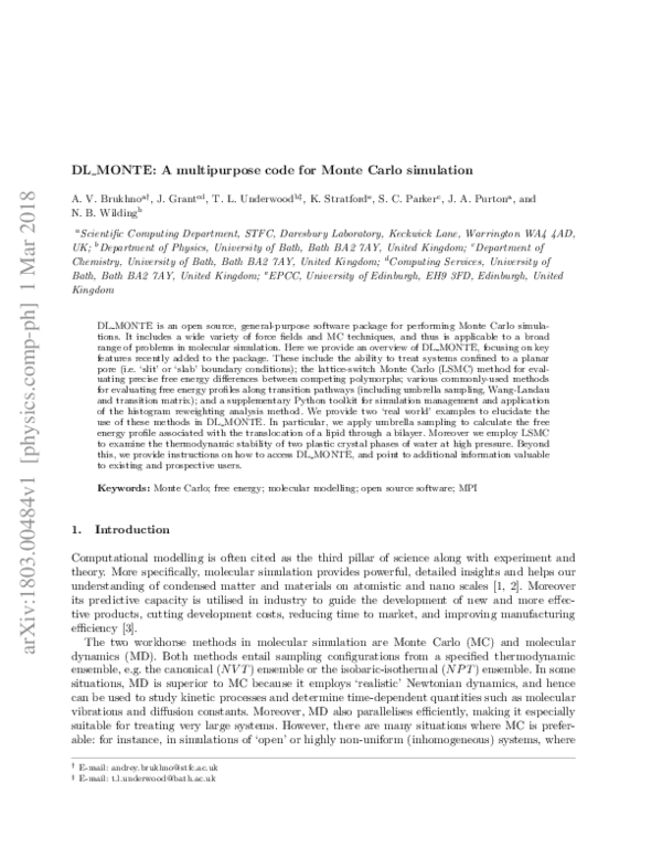 (PDF) DL_MONTE: a multipurpose code for Monte Carlo simulation