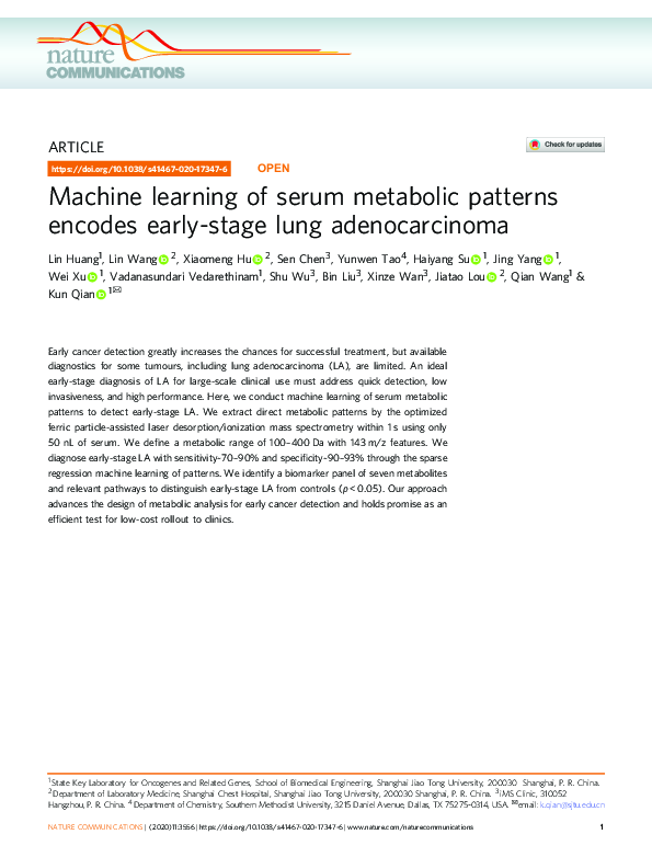 (PDF) Machine learning of serum metabolic patterns encodes early-stage ...