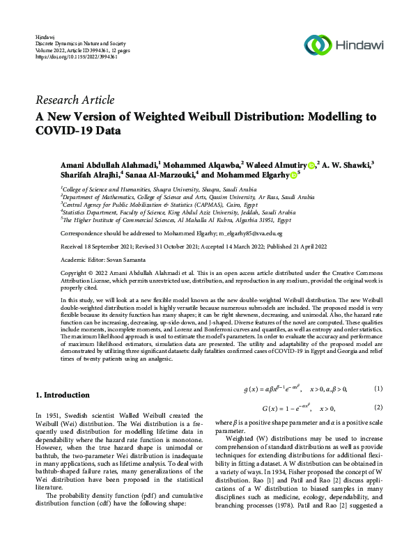(PDF) A New Version of Weighted Weibull Distribution: Modelling to ...