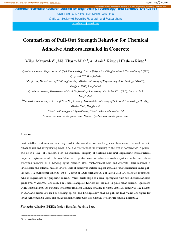 (PDF) Comparison of PullOut Strength Behavior for Chemical Adhesive Anchors Installed in