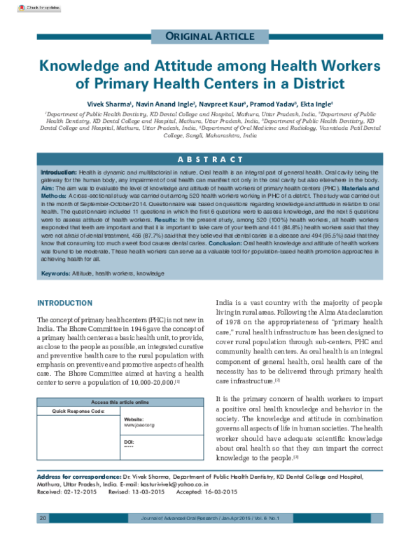 (PDF) Knowledge and Attitude among Health Workers of Primary Health ...