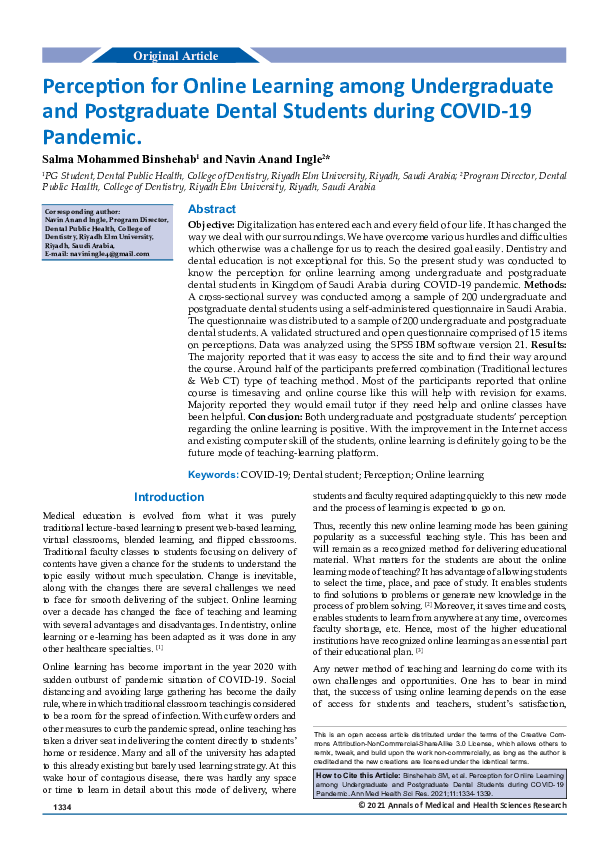 (PDF) Perception for Online Learning among Undergraduate and ...