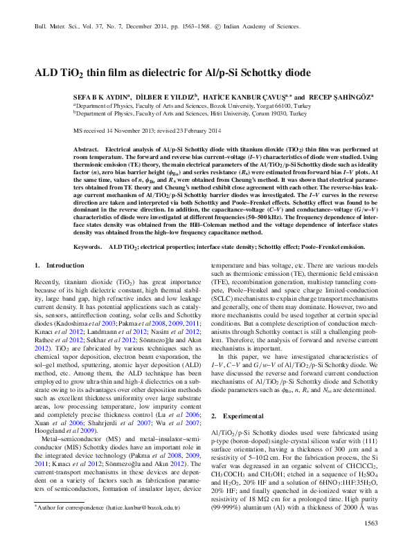 (PDF) ALD TiO2 thin film as dielectric for Al/p-Si Schottky diode
