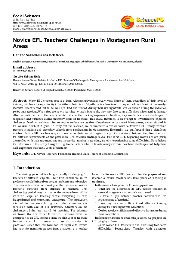 (PDF) Novice EFL Teachers’ Challenges in Mostaganem Rural Areas