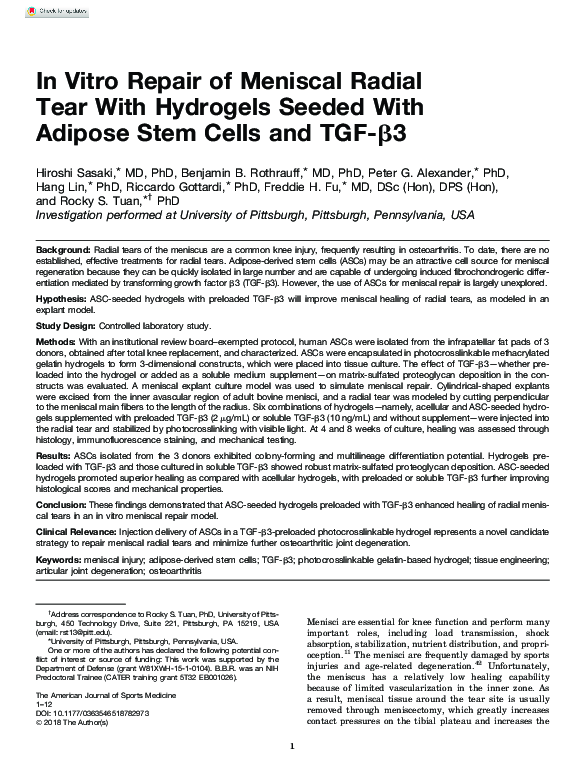 (PDF) In Vitro Repair of Meniscal Radial Tear With Hydrogels Seeded ...