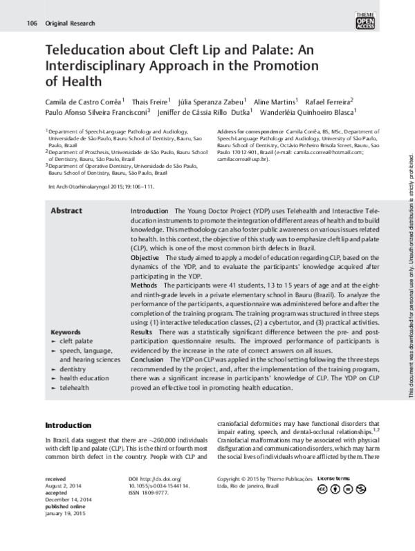 (PDF) Teleducation about Cleft Lip and Palate: An Interdisciplinary ...
