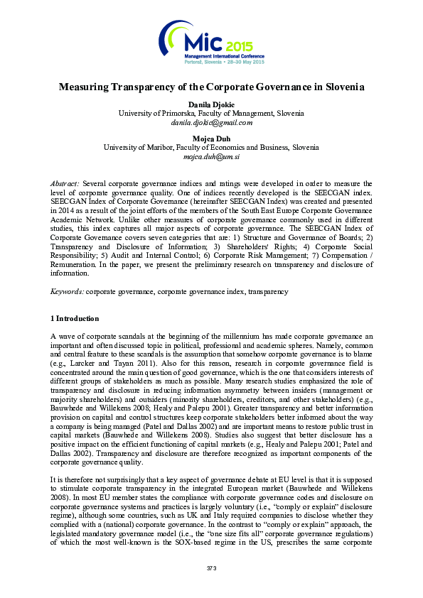 (PDF) Measuring Transparency of the Corporate Governance in Slovenia